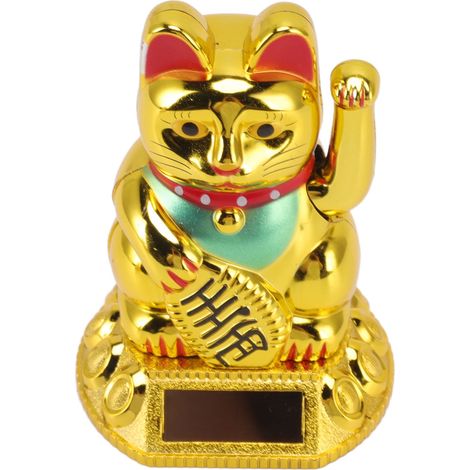 Goldene chinesische Glückskatze mit winkenden Armen und solarbetriebenem Induktionslicht, ideal für Zuhause oder Auto. Dekoration für Haus und Auto. (1/5)