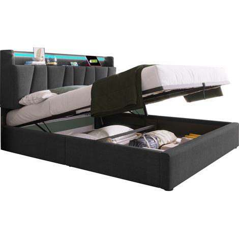 CHICFURN Lit coffre 140x190 cm gris en tissu avec tête de lit de rangement, prises, USB, USB-C, LED RGBW et cadre en métal, sans matelas, pour chambre moderne (1/5)
