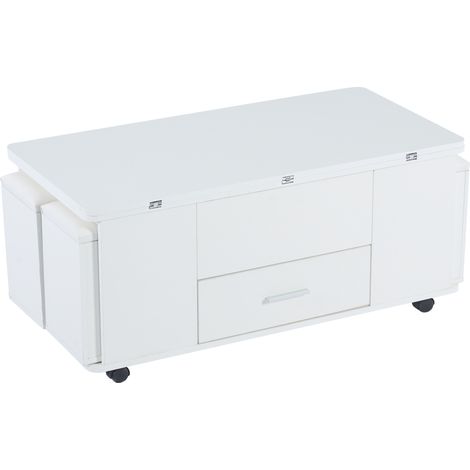 Table basse relevable, table basse mobile pour canapé, table basse multifonction 4-en-1 convertible en table à manger pour le salon, table basse avec tiroirs, avec 4 tabourets, blanc (1/5)