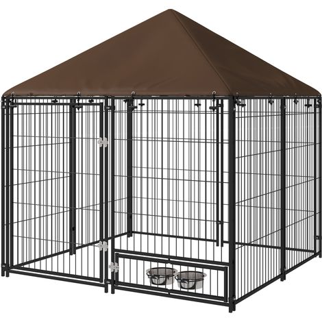 Recinto per Cani con Porticina per Ciotole 141x141x151 cm in Metallo e Tessuto Oxford Nero e Marrone (1/5)