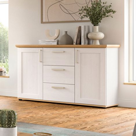 Buffet bas 2 portes 3 tiroirs129x40x80cm décor blanc - VERONICE (1/5)