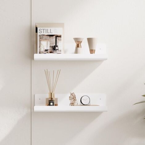 Etagère murale blanche, sans perçage, lot de 2, étagères murales, étagère flottante à coller pour salle de bain, bureau, salon (1/3)