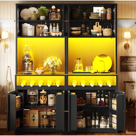 Credenza alta 2 pezzi nera 180 cm con LED RGB, porte in vetro e portabottiglie HAVRYA (1/5)