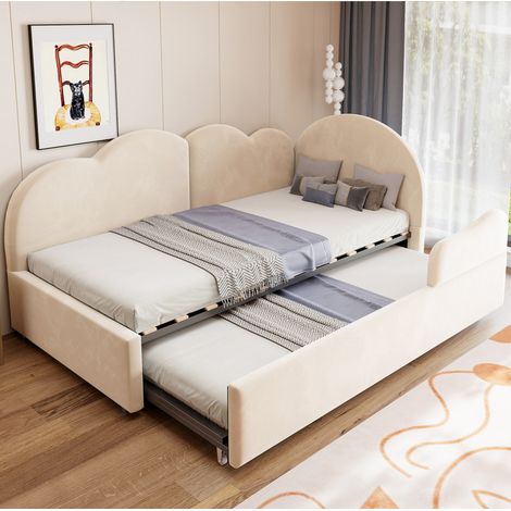 Canapé lit banquette gigogne L 90x200 cm, tête de lit nuage, velours, convertible en 180x200 cm - beige (1/5)