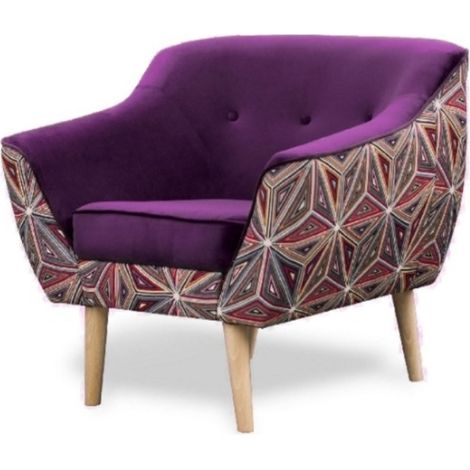 Sofello Sessel LUXI Relaxsessel Pflaume Violett LILA Grafischer Muster Skandinavischer Polstersessel Holzbeine Samt hohe FüSSe Steppung (1/5)