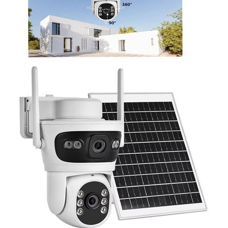 Caméra de surveillance Wi-Fi extérieure solaire, caméra de sécurité domestique, rotation à 360°, HD 2K, 6 MP, double objectif, interphone audio bidirectionnel (sans carte SIM)