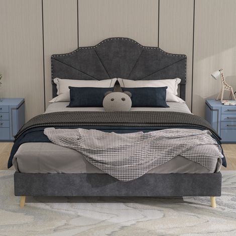 Lit moderne moelleux tête de lit confortable 140x200 cm gris cadre bas sans vérin matelas non inclus