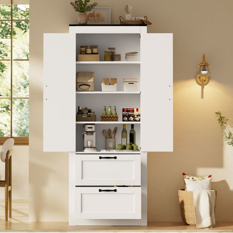 Colonne de cuisine 60/30/168 cm blanc crème, 2 portes, 2 tiroirs et étagères réglables (1/5)