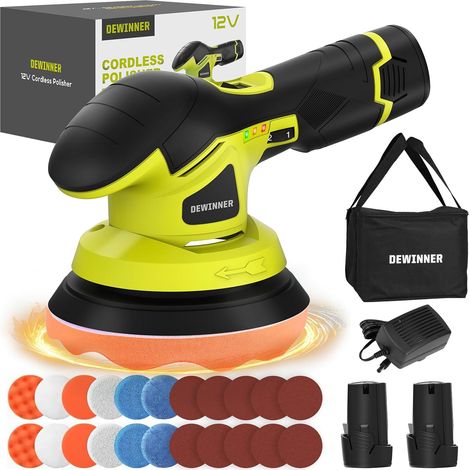 Dewinner – Polisseuse voiture professionnelle sans fil 12V avec 2 batteries 2000mAh – Vitesse variable 2500-5000 tr/min – Kit 22 pièces pour polissage