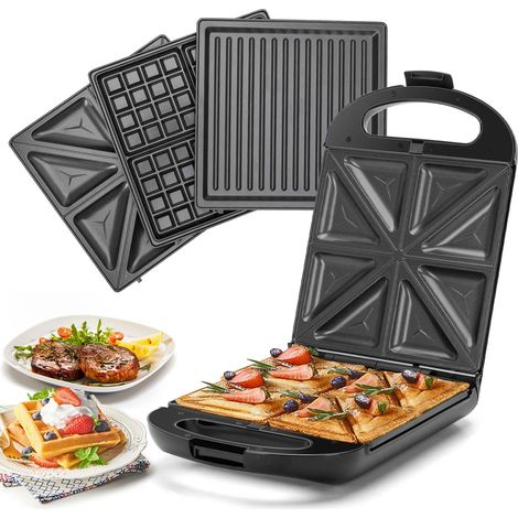 Appareil à sandwich 3 en 1 1200W, gaufrier multifonction avec plaques antiadhésives amovibles, ouverture à 180°, 4 sandwichs (1/5)