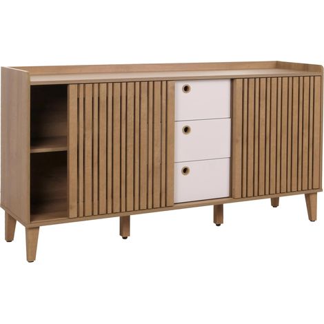 Sideboard HWC-M48, commode, porte coulissante compartiment de rangement, bois massif de manguier MDF 81x150x40cm - natur