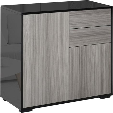 Modern High Gloss Sideboard with Push-Open Drawers for Living Room and Bedroom, Light Grey and Black, 74H x 79W x 36Dcm