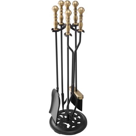 Juego de 5 Herramientas para Chimenea de Hierro Forjado, con Soporte de Cinco Puntas, Pinzas, Pala para Cenizas, Cepillo y Atizador, Interior y Exterior, Negro y Latón, 770 x 225 x 225 mm (1/5)