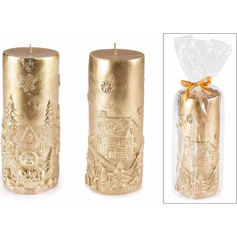 Candele di Natale dorate grandi decorate con paesaggio di Natale in rilievo in confezione singola, set da 4 pezzi, Ø 6,5 cm x 17 H