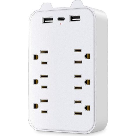 9-in-1-Steckdosenleiste mit Überspannungsschutz, 6 Steckdosen und 3 USB-Anschlüssen, Netzteil und US-Stecker mit Abstand. (1/5)