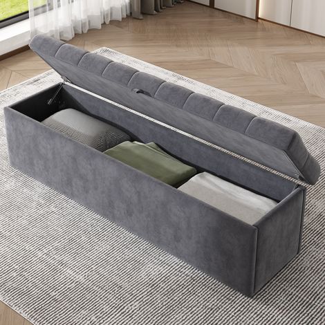 Banco baúl de terciopelo gris con amplio espacio de almacenaje, 138 x 41 x 42 cm, estilo europeo para dormitorio y salón, fácil de montar y elegante  CHICFURN (1/5)