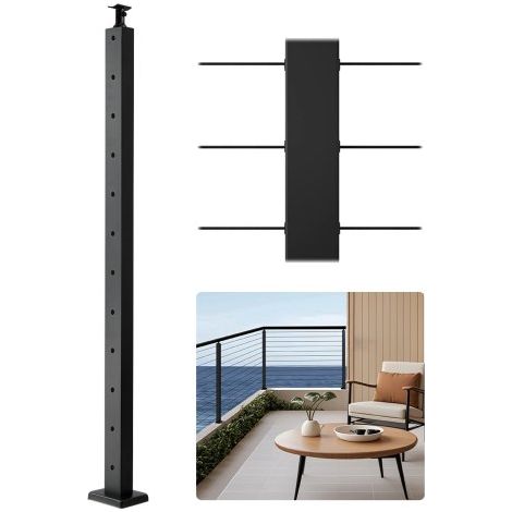 Poste de Pasamanos de Cable, Poste de Pasamanos de Cable de Acero Inoxidable, Piquetes Pretaladrados con Soporte de Montaje, Negro, 106,7 x 2,5 x 5 cm, 1 Unidad, 1JZLGZXHS1063GGTD001V0 (1/5)