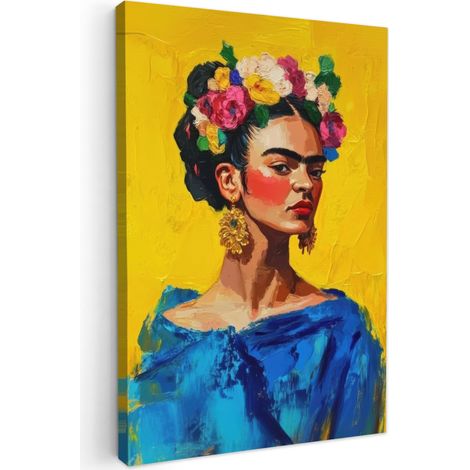 TABLEAU SUR TOILE Frida Kahlo - Femme - Jaune - Bleu - Fleurs Tableau Chambre Adulte 90x140 cm