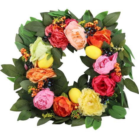 Couronne d'été éclatante pour porte d'entrée, 55 cm, fleurs artificielles printanières colorées avec baies bleues citronnées, porche, cheminée, entrée. (1/4)