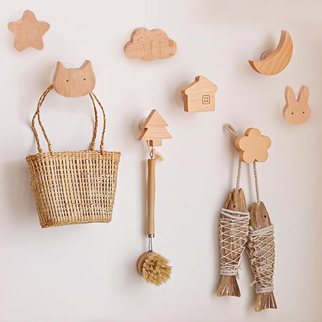 Lot de 8 Patere Murale Enfant, Porte Manteau Mural Enfant, Crochets Muraux Bois, Porte Manteau Mural sans Percage, Patère Murale Adhésive pour Salle de Bain, Crèche,Chambre d'Enfant