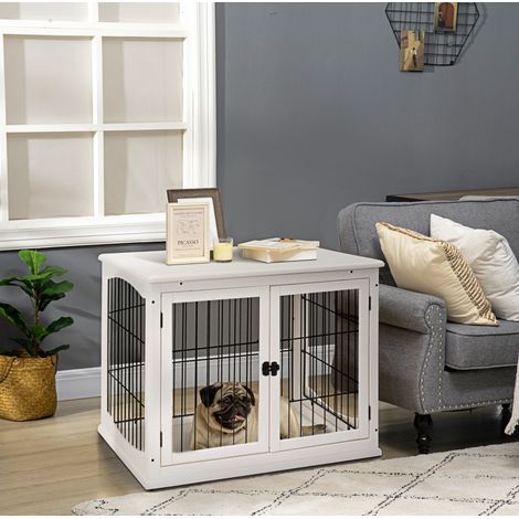 Trasportino per cani in MDF e metallo, 58,5 x 81 x 66 cm, bianco, per cani piccoli e medi (1/5)