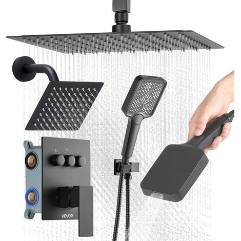 VEVOR Set Doccia con Sistema Doccia a Pioggia da 304 mm, Soffione a Parete, Doccetta, Soffione a Pioggia Doppio Girevole, 3 Funzioni, Kit di Finitura e Valvola in Ottone, Nero Opaco (1/5)