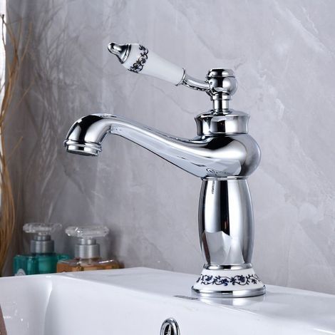 Robinet Salle Bain Monocommande Mitigeur Lavabo DéCoration Florale En CéRamique Robinet Lavabo Salle De Bain Robinet Lavabo,Chrome (1/3)