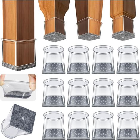 32 Pièces - Protege Pied de Chaise - Patin Chaises - Silicone Transparent avec Feutre pour Sols Durs et Carrelage - Protection Anti-Rayures et Anti-Bruit - Carré 19x26 mm