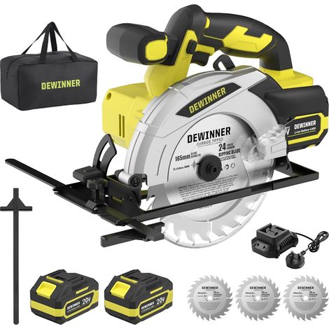 Scie Circulaire Sans Fil 20V DEWINNER, Ø185mm, Scie Circulaire Pour le Bois 4000RPM,2 x 4,0Ah Batterie, Profondeur de Coupe Max: 54mm(90°)-38mm(45°), 3 Lame (185mm 24T) +Sac en Toile, Idéal Pour Coupe