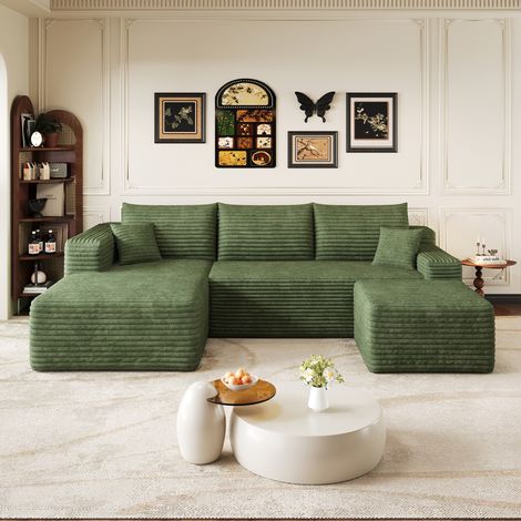 Canapé d’angle Cloud 3 places 241 x 151 x 58 cm en velours côtelé vert, méridienne réversible, assise profonde, mousse compressée, sans montage (1/5)