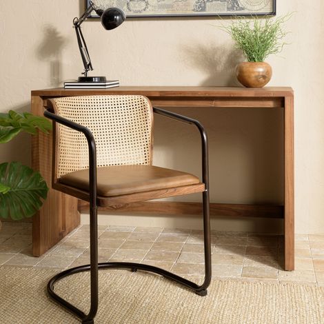 MARCEL - Lot de 2 fauteuils assise cuir dossier bois manguier / rotin (1/5)