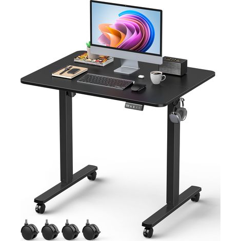 Petit bureau debout électrique réglable en hauteur, 80 x 60 cm, avec planche d'épissure, table ergonomique pour ordinateur à domicile avec préréglage de mémoire, cadre noir/dessus noir (1/5)