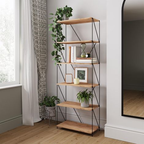 Industrial Style Display Bookcase Wide 6 Tier Storage Unit Oak Wood Black (1/5)