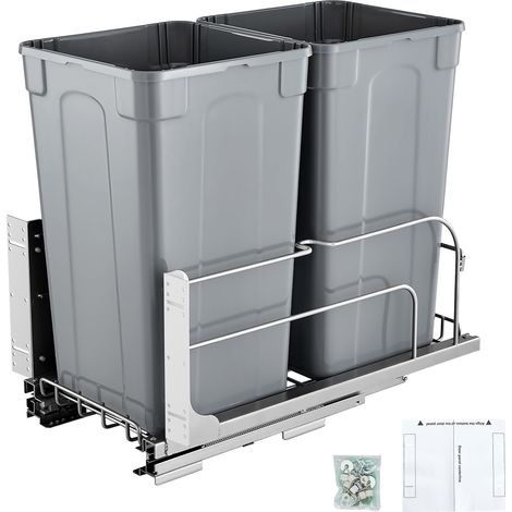 VEVOR Pattumiera Estraibile, ca. 30,6 L x 2, Contenitori per Rifiuti da Cucina Sottotop Doppi, Cestino per la Raccolta Differenziata con Kit Porta e Chiusura, per Mobili da Cucina, Lavello, Grigio