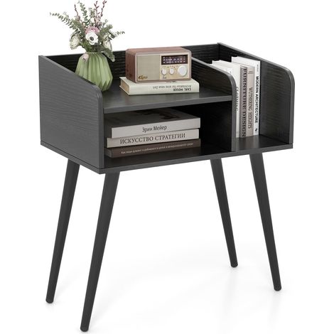 COSTWAY Mid Century Modern Nightstand End Table with Open Shelves-Black (1/5)