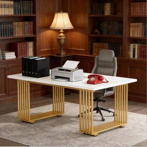 Scrivania bianca e dorata 180 x 79 x 78 cm in legno e metallo OKMYHOME (1/5)