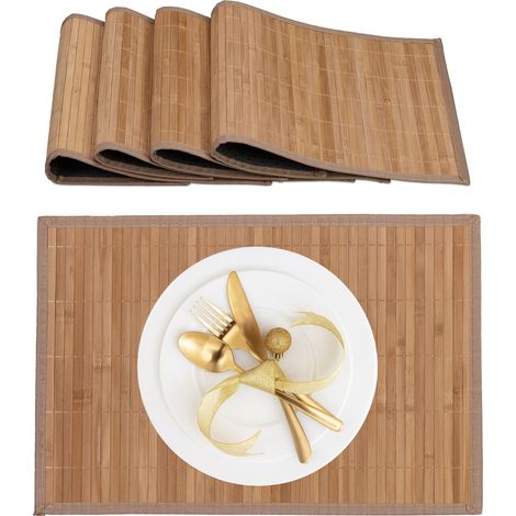 Relaxdays Set de table, antidérapant, rectangulaire, lot de 4, en bambou et polyester, pour la salle à manger, nature