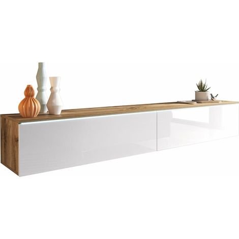 Meuble TV Scientia I, Chêne wotan + Blanc brillant, Le nombre de portes: 2, Nombre de tiroirs: 0, 180x30x33cm (1/5)