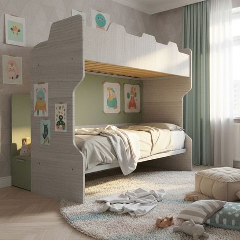 Letto a castello con scala contenitore e terzo letto estraibile - Cameretta salvaspazio - Rovere rock