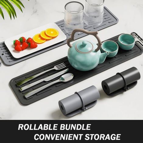 Tapis égouttoir étroit silicone - 2, Antidérapant bar vaisselle tasse bouteille planche découper - Noir Aucuneary (1/5)