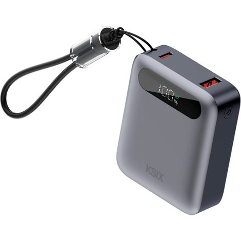 Powerbank 10.000 mAh, Carga rápida 22,5 W PD, Carga simultánea, Cable Convertible USB-C + lazo, Pantalla LED, Gris