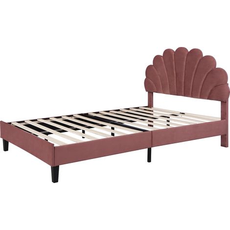 Cama doble tapizada 140 x 200 cm en terciopelo rojo burdeos con cabecero flor MODENUIT (1/5)
