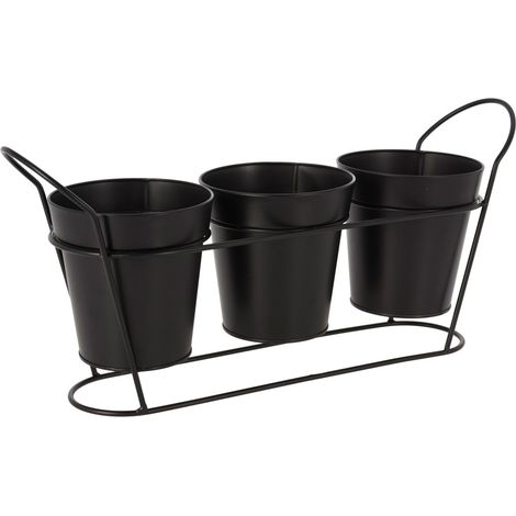 PROGARDEN macetero &43 3 macetas negras 14 cm , Macetero &43 3 macetas negras 14 cmMacetero y macetas metálicosApto para interior y exteriorMacetas de 14 cmMedidas: 44,