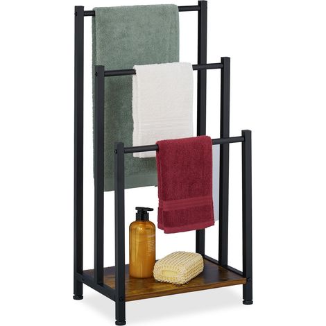 Relaxdays Toallero de Pie, Colgador Toallas con Balda, 3 Barras, 80 x 40 x 28 cm, Portatoallas Baño, Marrón y Negro