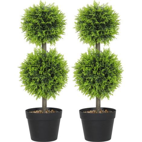 Lot de 2 plantes artificielles décoratives, boules de buis artificiel 60 cm avec pot, plastique, vert (1/5)
