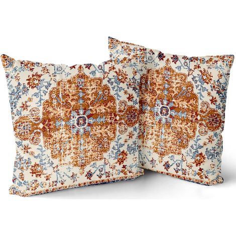 Zweiteiliges Set aus senfgelben und blauen Kissenbezügen im Bohème-Stil, 50 x 50 cm, Vintage-Blumenmuster, Landhausstil-Dekor.