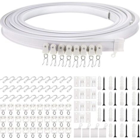 Rail de rideau pliable pour plafond, 5 mètres, rail flexible courbé blanc avec crochets argentés, système complet de fixation pour rideaux sur plafond (1/5)