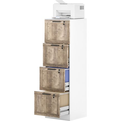 Commode à 4 tiroirs, serrure, 2 clés, tringles pour format A4, 39,4 x 40 x 129 cm, blanc et bois (1/5)