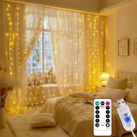 Rideau lumineux d'intérieur - 2 x 2 m - Guirlande lumineuse avec minuterie - Blanc chaud (1/5)