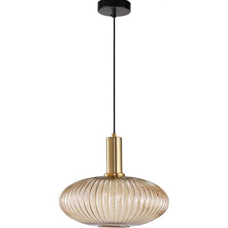 Lustre Intérieur Luminaire Suspension Industrielle Suspendus Modernes Douille e27 Abat Jour Plafond Suspension en Verre à Rayures (Ambre 30cm)